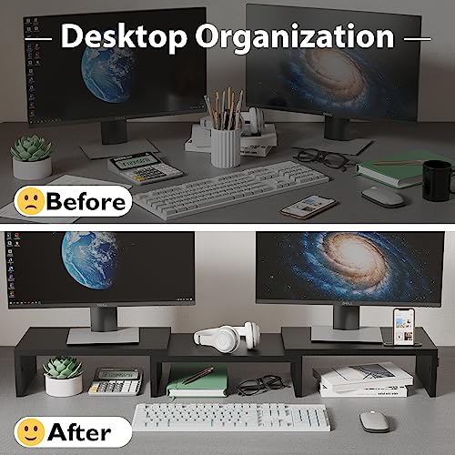 BONTEC Dual Monitor Stand Riser with Smartphone Holder, Adjustable Length & Swivel Angle, Ergonomic Wooden Desktop Organizer for PC Monitor, Laptop, Printer, Large Storage, White - Image 2