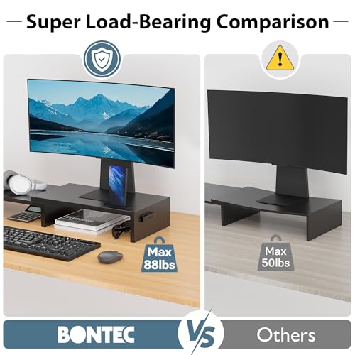BONTEC Dual Monitor Stand Riser with Smartphone Holder, Adjustable Length & Swivel Angle, Ergonomic Wooden Desktop Organizer for PC Monitor, Laptop, Printer, Large Storage, White - Image 5