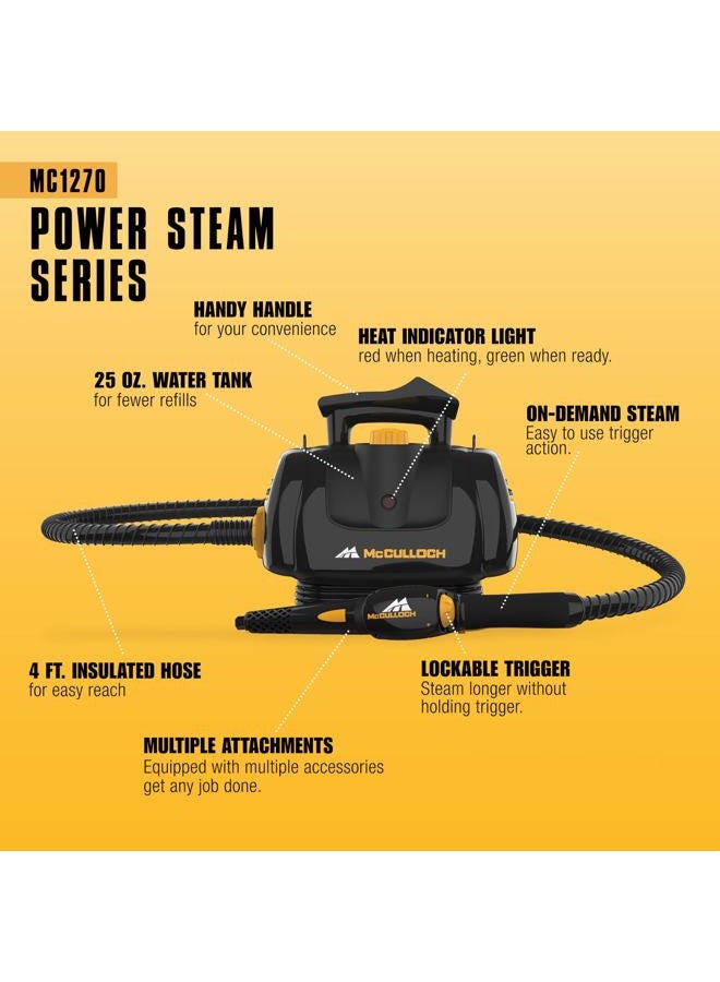 McCulloch MC1270 Portable Power Cleaner with Floor Mop, Variable Steaming, 16-Piece Accessory Set, All-Natural Chemical-Free Cleaning, Black - Image 4