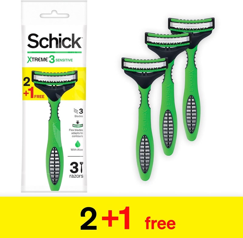 schick شيفك إكستريم 3 حساسة ماكينة حلاقة ثلاثية الشفرات القابلة للتصرف للرجال مع الألوة فيرا - عبوة 2+1 - Image 2