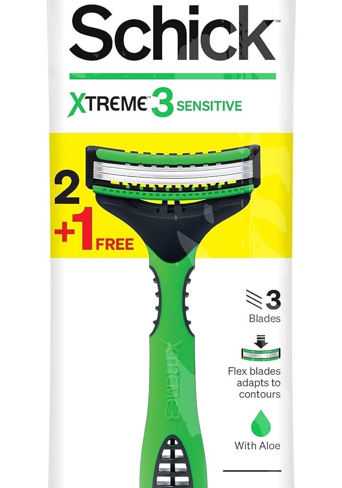 schick شيفك إكستريم 3 حساسة ماكينة حلاقة ثلاثية الشفرات القابلة للتصرف للرجال مع الألوة فيرا - عبوة 2+1 - Image 1