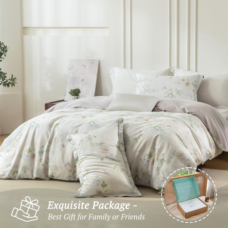 MILDLY Queen Size Duvet Cover Set 100% Long-Staple Cotton Luxury White Floral Patten Reversible Comforter Cover Set 3Pcs - Image 5