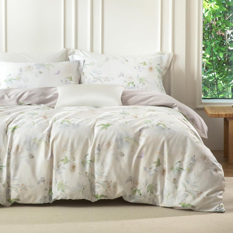MILDLY Queen Size Duvet Cover Set 100% Long-Staple Cotton Luxury White Floral Patten Reversible Comforter Cover Set 3Pcs - Image 1