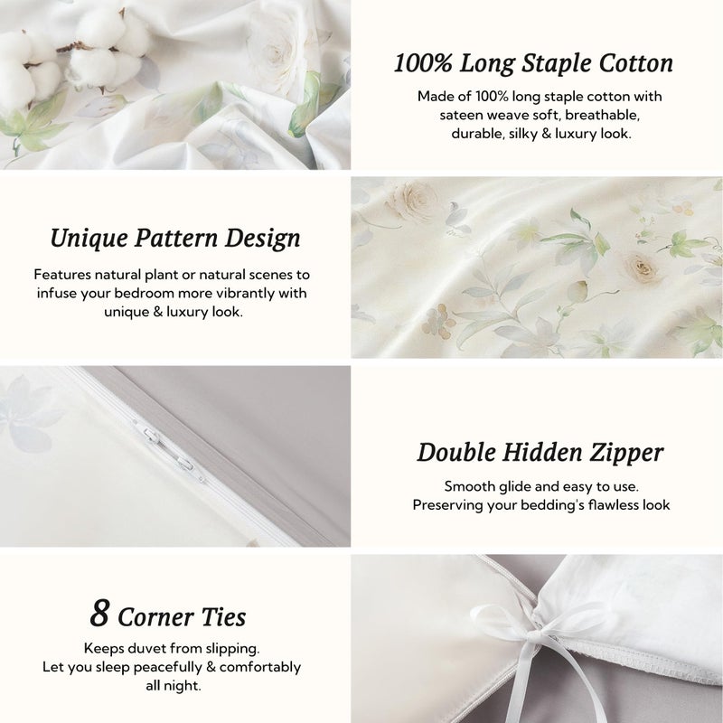 MILDLY Queen Size Duvet Cover Set 100% Long-Staple Cotton Luxury White Floral Patten Reversible Comforter Cover Set 3Pcs - Image 4