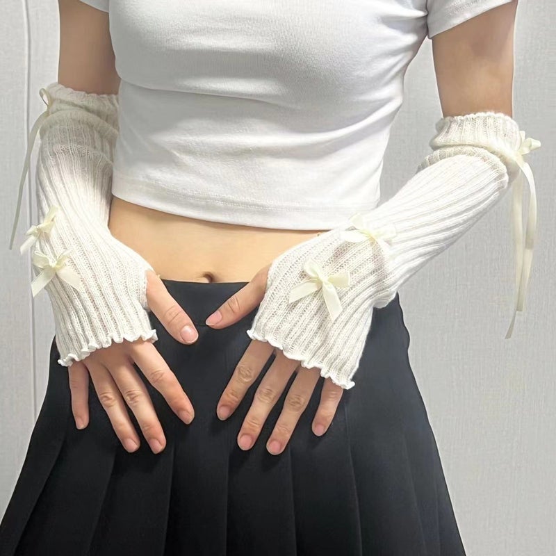 قفازات نصف أصابع بكم يد على شكل قوس للنساء مصنوعة من الصوف، بكم رفيع للبنات مع شريط توابل أنيق، لون كريمي مع قوس شريطي