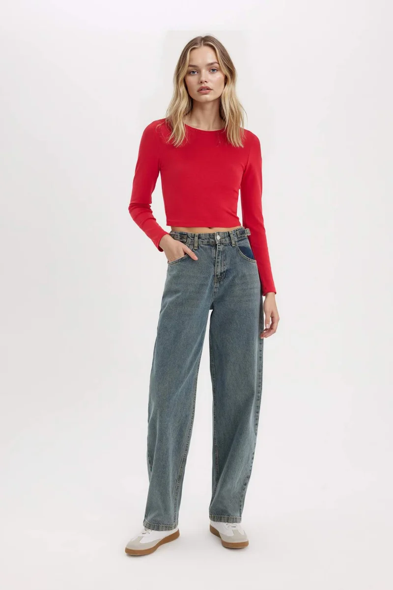 ديفاكتو Fitted Basic Ribbed Long Sleeve Red T-Shirt