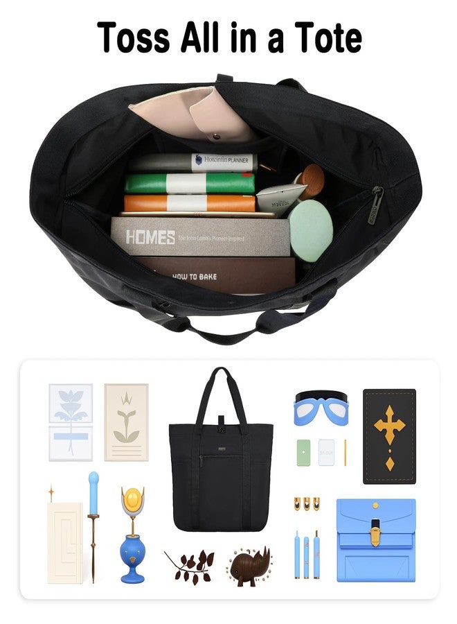 Voova Tote Bag for Women, Large Capacity Tote Bag with Zipper, Foldable Shoulder Bag Handbag for Work,Travel,Shopping, Beach, Black - Image 2