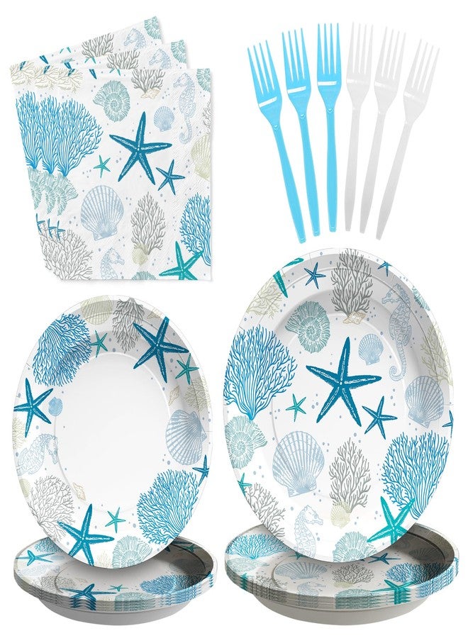 Grencian 96Pcs Coastal Beach Party Decorations Blue Seashell Starfish Coral Plates and Napkins Sets Nautical Ocean Birthday Party Decorations for Summer Beach Baby Shower Wedding Party Supplies Serves 24 - Image 1