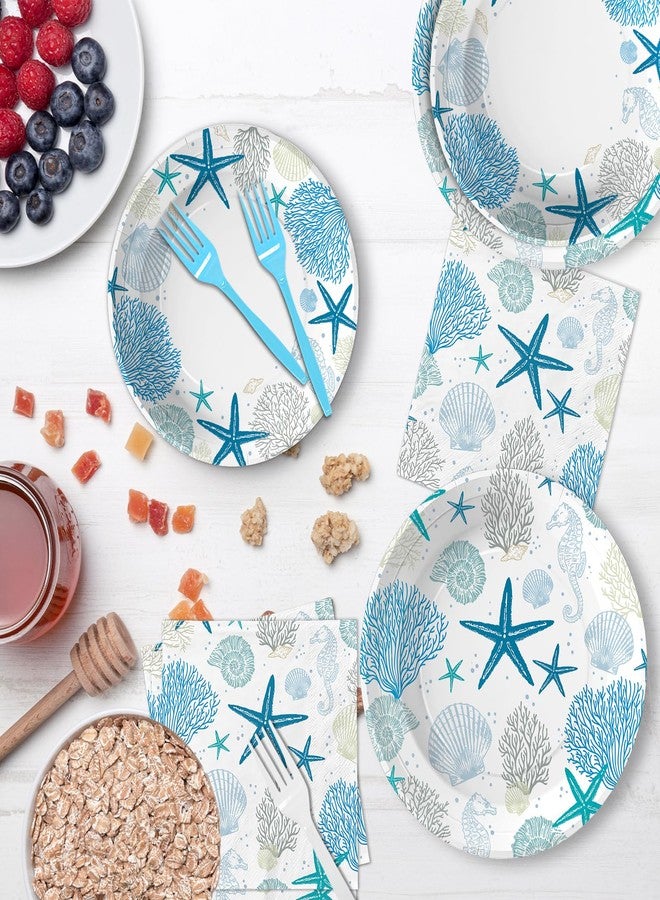 Grencian 96Pcs Coastal Beach Party Decorations Blue Seashell Starfish Coral Plates and Napkins Sets Nautical Ocean Birthday Party Decorations for Summer Beach Baby Shower Wedding Party Supplies Serves 24 - Image 5