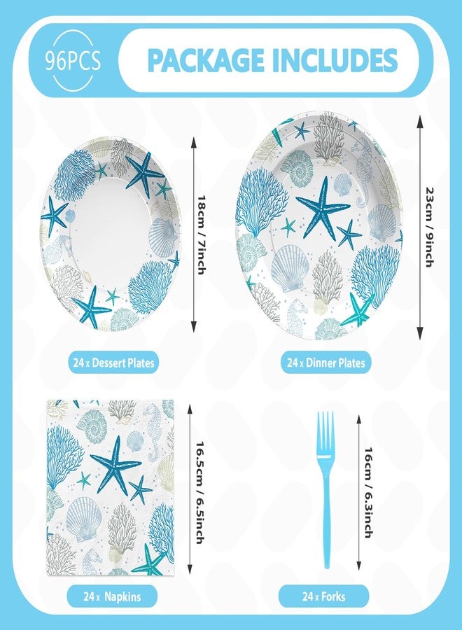 Grencian 96Pcs Coastal Beach Party Decorations Blue Seashell Starfish Coral Plates and Napkins Sets Nautical Ocean Birthday Party Decorations for Summer Beach Baby Shower Wedding Party Supplies Serves 24 - Image 3