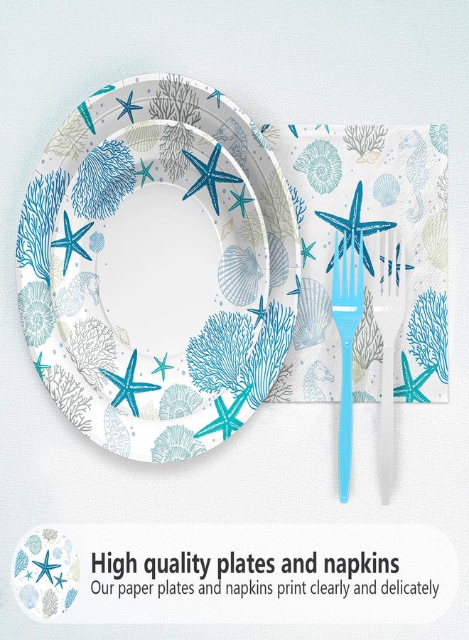 Grencian 96Pcs Coastal Beach Party Decorations Blue Seashell Starfish Coral Plates and Napkins Sets Nautical Ocean Birthday Party Decorations for Summer Beach Baby Shower Wedding Party Supplies Serves 24 - Image 2