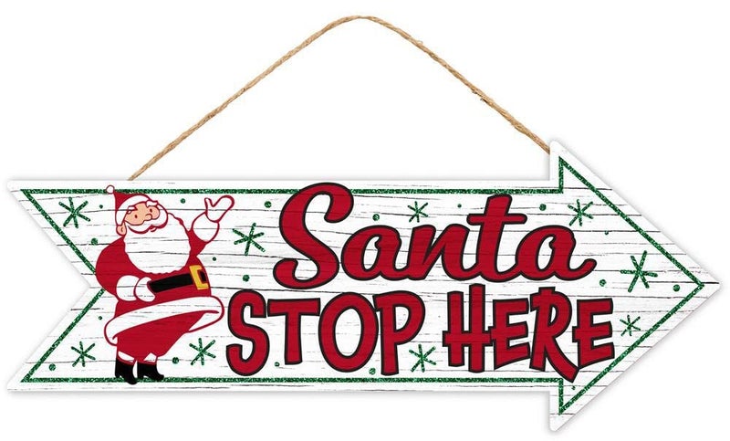 Stop Here Arrow Sign - 16" x 6.5", White & Red, Christmas, Green Glitter, Vintage Kitchen Sign, Wreath, Wooden Home Decoration, Fireplace Mantle, Porch, Bathroom, Swag, Office, Winter