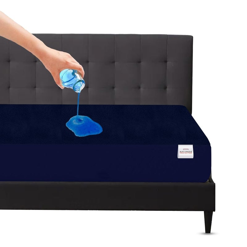 Mattress Protector واقي مرتبة مقاوم للماء قطن تيري غطاء مرتبة مزدوجة مضاد للماء تصميم مشدود غير سام 72x72 بوصة 6x6 أقدام حجم سرير مزدوج أزرق داكن - Image 1