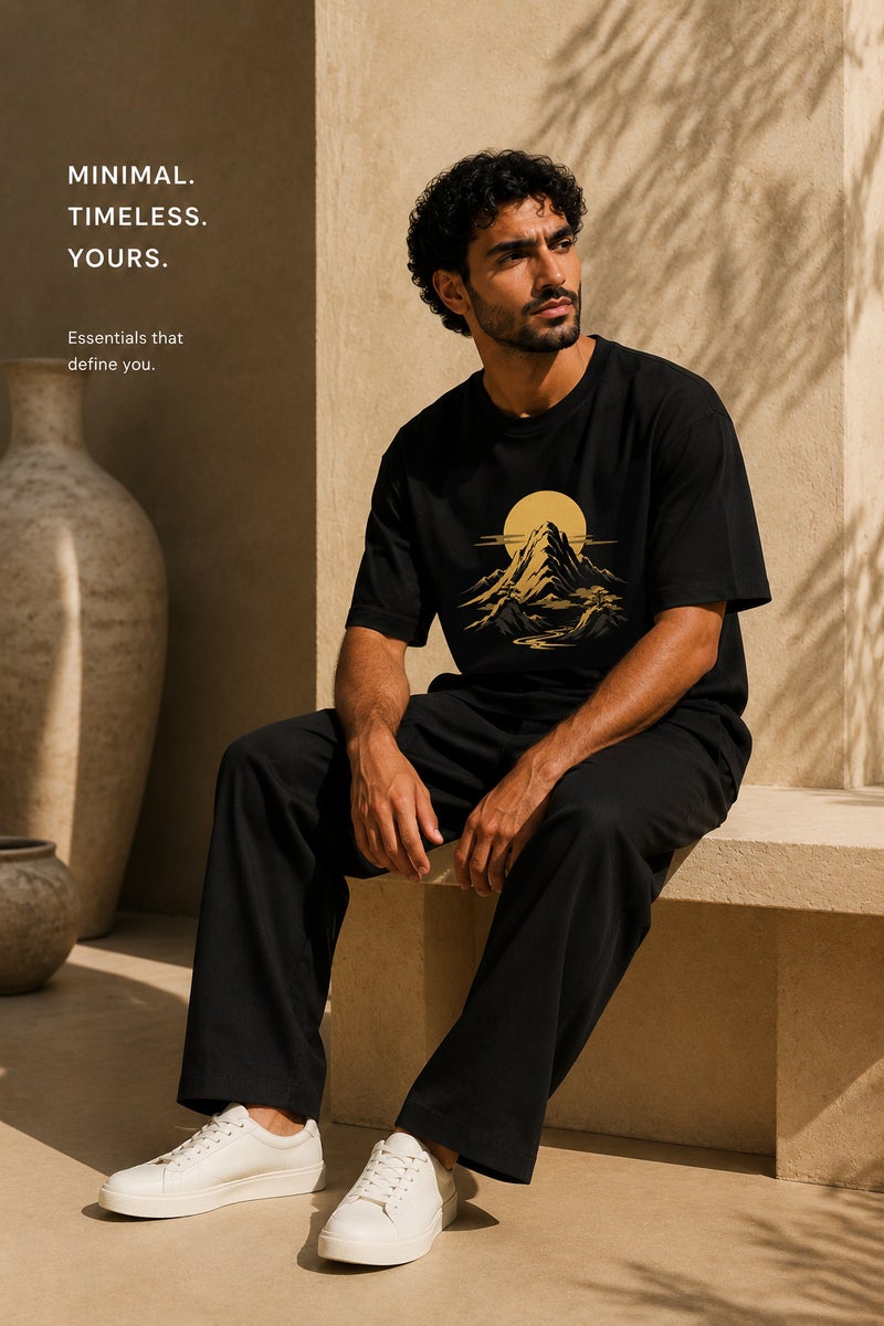 Men's Black Oversized Mountain Graphic T-Shirt Casual Short Sleeve Crew Neck Streetwear Tee - Image 4