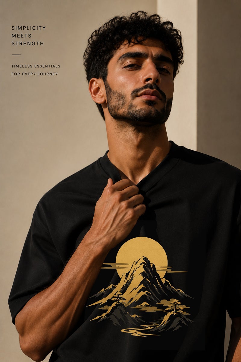 Men's Black Oversized Mountain Graphic T-Shirt Casual Short Sleeve Crew Neck Streetwear Tee - Image 5
