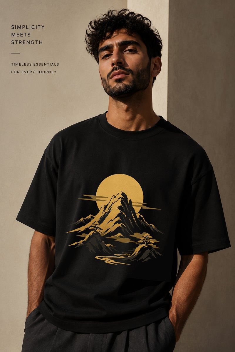 Men's Black Oversized Mountain Graphic T-Shirt Casual Short Sleeve Crew Neck Streetwear Tee - Image 1