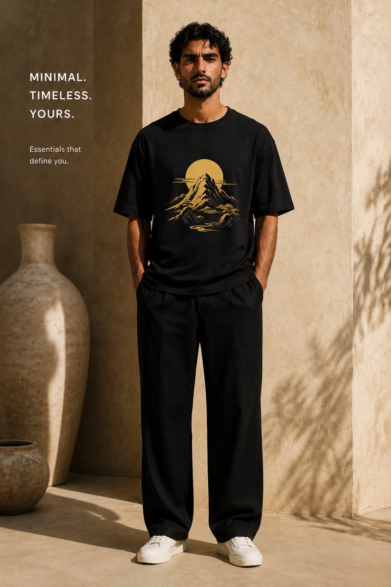 Men's Black Oversized Mountain Graphic T-Shirt Casual Short Sleeve Crew Neck Streetwear Tee - Image 2