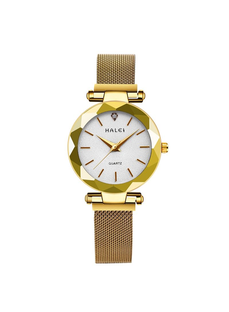 هالي ساعة هالي نسائية ذهبية - ساعة معصم كوارتز بسوار من الفولاذ المقاوم للصدأ - مينا 34 ملم - مقاومة للماء 30 متر - مناسبة للسباحة والغوص السطحي - هدية elegante - Image 1