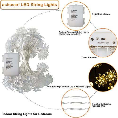 echosari Flower String Lights Battery Operated, 158" Lotus Flower Fairy Lights with Auto Timer 8 Modes, Soft Rubber Flowers String Lights Waterproof for Kids' Room Garden Patio Décor (Warm White) - Image 5
