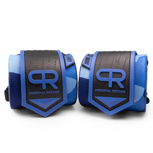 PR Personal Record Heavy Duty Premium Wrist Wraps, More Elasticity, Reinforced Stitching, Extra Wide Strap, Strong Thumb Loop, Larry Wheels Weightlifting Wraps, Lifting Wrist Wraps (Blue Camo) - Image 1