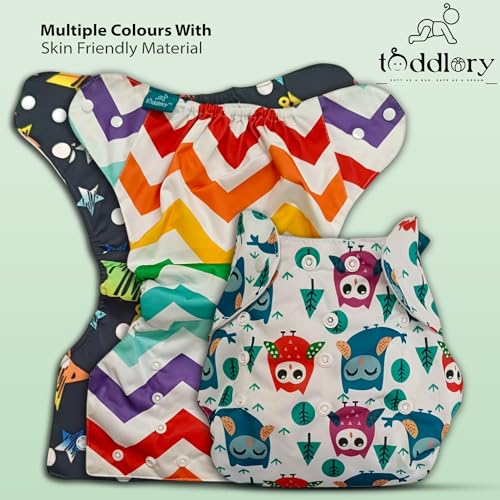 Toddlory Premium Reusable Cloth Diapers with inserts (Soakers) | Up to 5 hours of trusted leak protection with advanced 5-layer technology — designed to keep your baby’s skin healthy and happy | Unisex designs, Suitable for all babies from 0 to 2 years or 2.5 to 12.5 kgs | Rash-Free Softness | Grow-With-Me Fit | All day Comfort for the Little Explorers | Pack of 3 (3 diapers & 3 inserts) | Combo Style: Hoot Owls + Night Stars + Rainbow, 0 to 2 Years - Image 2