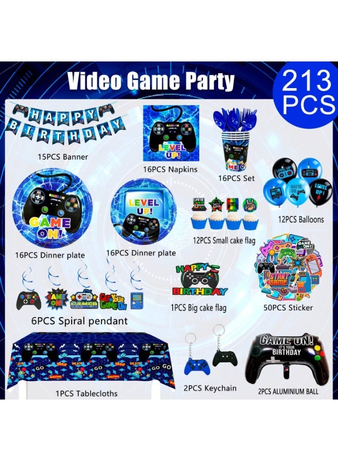 FRUITFUL PARTY Video Gamer Birthday Party Decorations for 16 Guests, 213pcs Video Game Party Disposable Tableware Set Game Themed Party Plates Cups Napkins Tablecloth Banner Balloons for Games Party Supplies - Image 2