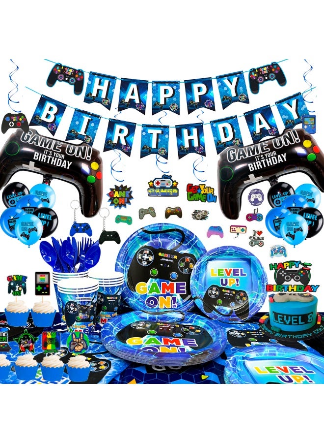 FRUITFUL PARTY Video Gamer Birthday Party Decorations for 16 Guests, 213pcs Video Game Party Disposable Tableware Set Game Themed Party Plates Cups Napkins Tablecloth Banner Balloons for Games Party Supplies - Image 1