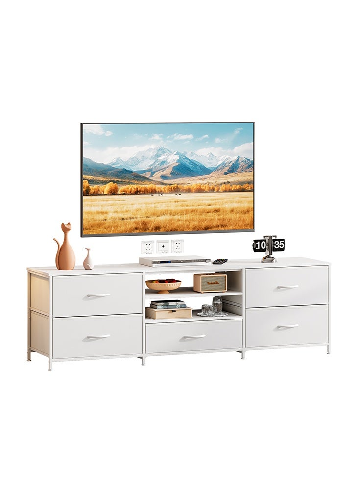 حامل تلفزيون مع أدراج، طاولة كونسول تلفزيون بثلاثة طوابق من الخشب، مناسب للتلفزيونات حتى 65 بوصة، مركز ترفيه مع رفوف مفتوحة ومساحات تخزين، خزانة لحامل التلفزيون لغرفة المعيشة.