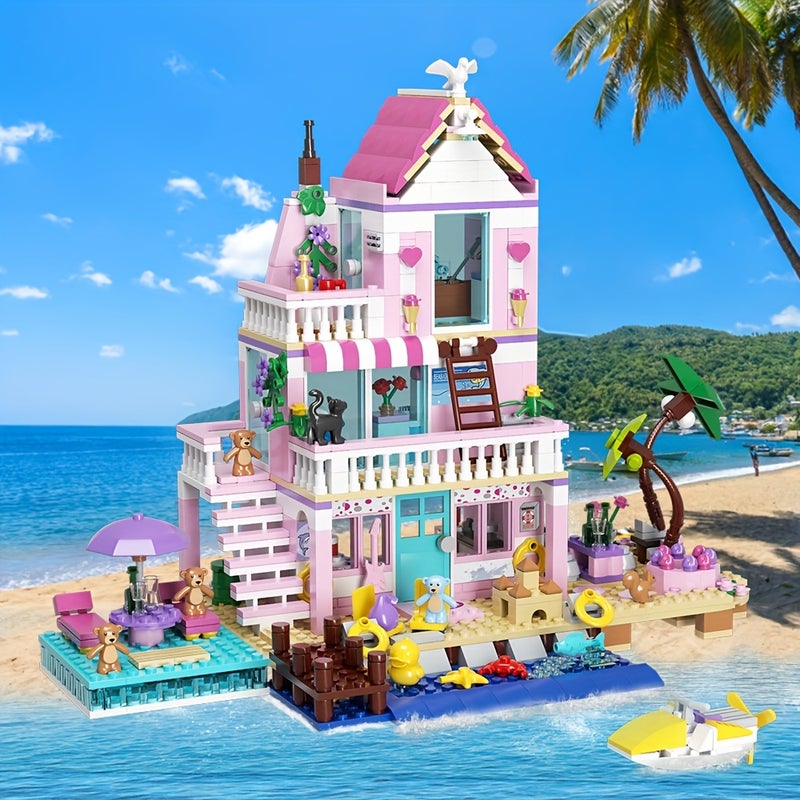 MESIONDY Pink & White Beach House Building Blocks Set - Whimsical Holiday Cottage Toy with Colorful Interior, ABS Resin, Ideal for Girls' Christmas & Birthday Gifts, Beach Accessories