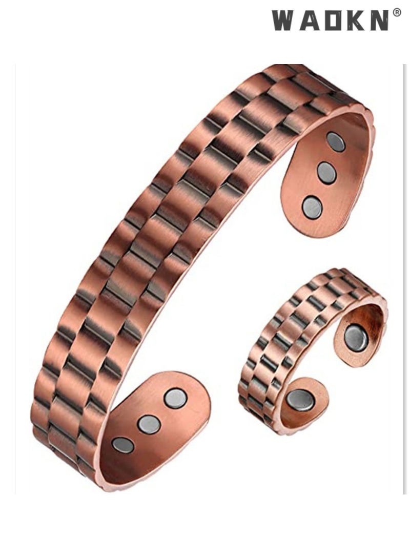 WAOKN Vintage Tree of Life Copper Magnetic Cuff Bracelet & Ring Set for Men Women, Electroplated Alloy Bangle with 18 Built-in Magnets, Stylish Spiritual Daily Wear Jewelry Gift for Dad, Husband，Boyfriend, Son & Family - Image 1