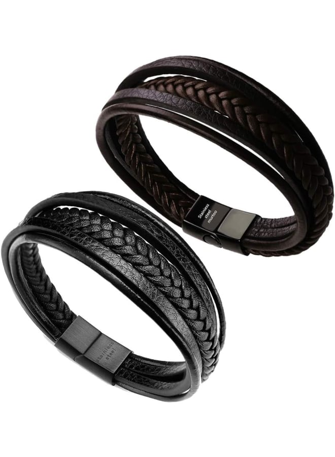 murtoo Mens Leather Bracelet with Magnetic Clasp Cowhide Multi-Layer Braided Leather Mens Bracelet (Brown&Black, 7.5") - Image 1