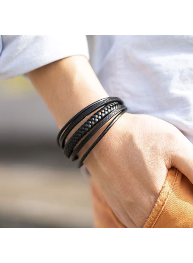 murtoo Mens Leather Bracelet with Magnetic Clasp Cowhide Multi-Layer Braided Leather Mens Bracelet (Brown&Black, 7.5") - Image 5