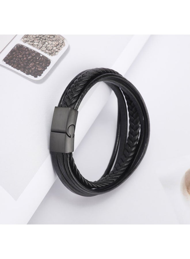 murtoo Mens Leather Bracelet with Magnetic Clasp Cowhide Multi-Layer Braided Leather Mens Bracelet (Brown&Black, 7.5") - Image 4