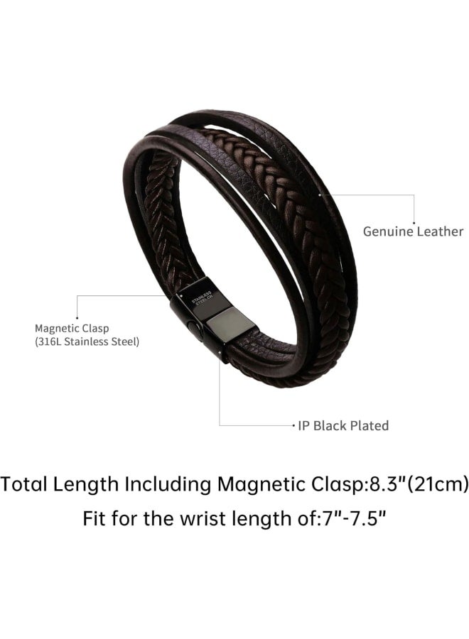 murtoo Mens Leather Bracelet with Magnetic Clasp Cowhide Multi-Layer Braided Leather Mens Bracelet (Brown&Black, 7.5") - Image 2