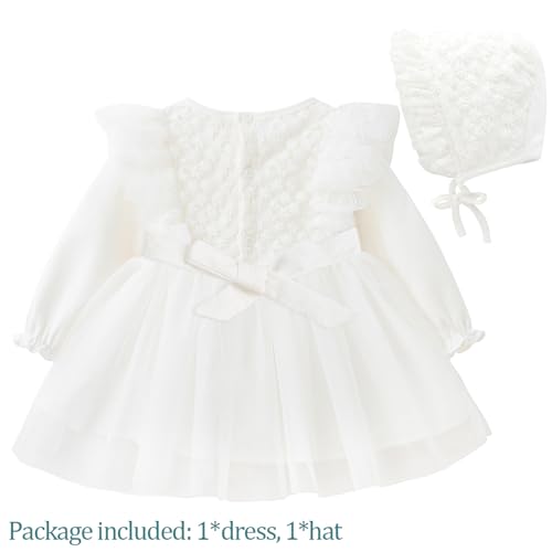 Curipeer Baby Girl Casual Lace Solid Color Dress Long Sleeve Infant Baptism Tulle Dress White 12-18 Months - Image 2