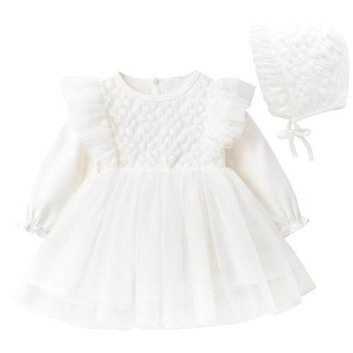 Curipeer Baby Girl Casual Lace Solid Color Dress Long Sleeve Infant Baptism Tulle Dress White 12-18 Months - Image 1