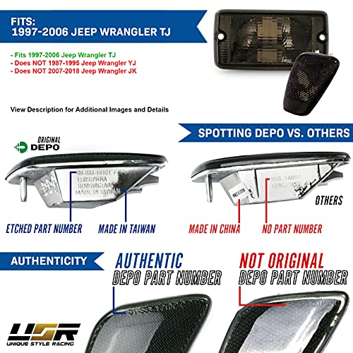 USR UNIQUE STYLE RACING USR Side Marker Lights - 4 Pieces COMBO Smoke Lens Bumper Turn Signal Lamps + Fender Side Markers Set Compatible with 1997-2006 Wrangler TJ Chass (Smoked with x4 Amber Bulbs Included) - Image 3