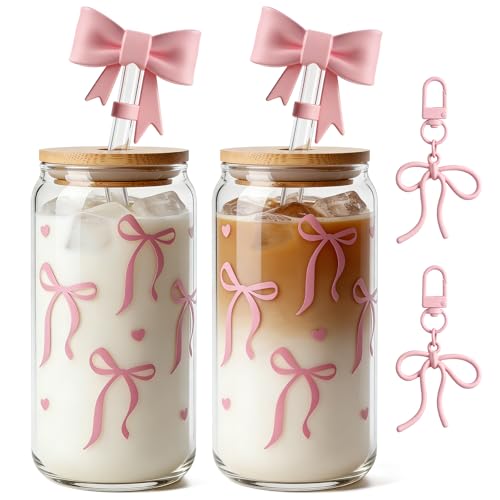 Mason Life 2Pack Bow Glass Cup 18 OZ with Designs, Pink Bow Cup for Preppy Stuff, Cute Tumbler with Straw Cover & Keychain for Women Teen Girls Iced Coffee, Matcha and Smoothies - Image 1