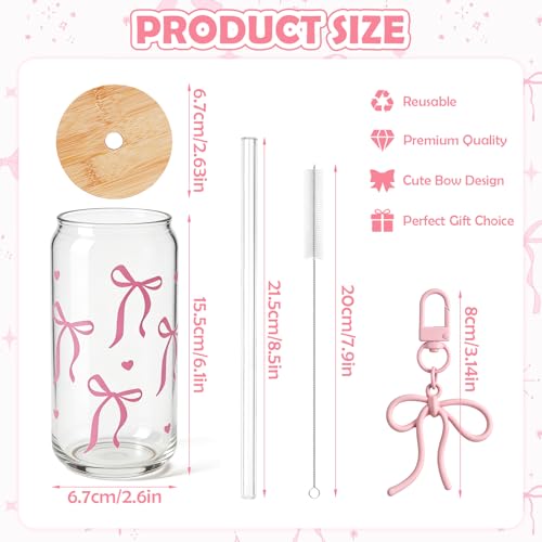 Mason Life 2Pack Bow Glass Cup 18 OZ with Designs, Pink Bow Cup for Preppy Stuff, Cute Tumbler with Straw Cover & Keychain for Women Teen Girls Iced Coffee, Matcha and Smoothies - Image 5