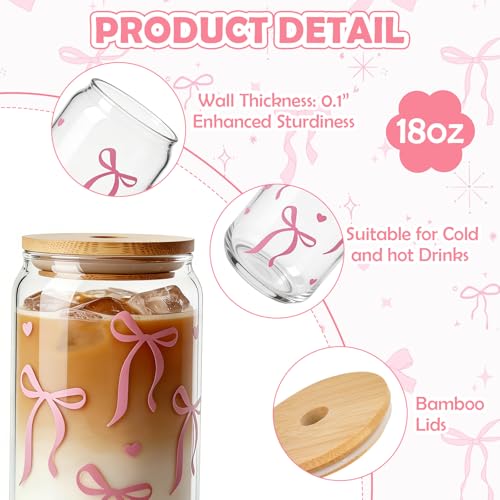 Mason Life 2Pack Bow Glass Cup 18 OZ with Designs, Pink Bow Cup for Preppy Stuff, Cute Tumbler with Straw Cover & Keychain for Women Teen Girls Iced Coffee, Matcha and Smoothies - Image 3