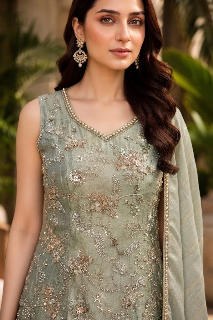 Viny VINY Pista Green 3-Piece Embroidered Suit Set – Women's Indian Ethnic Wear