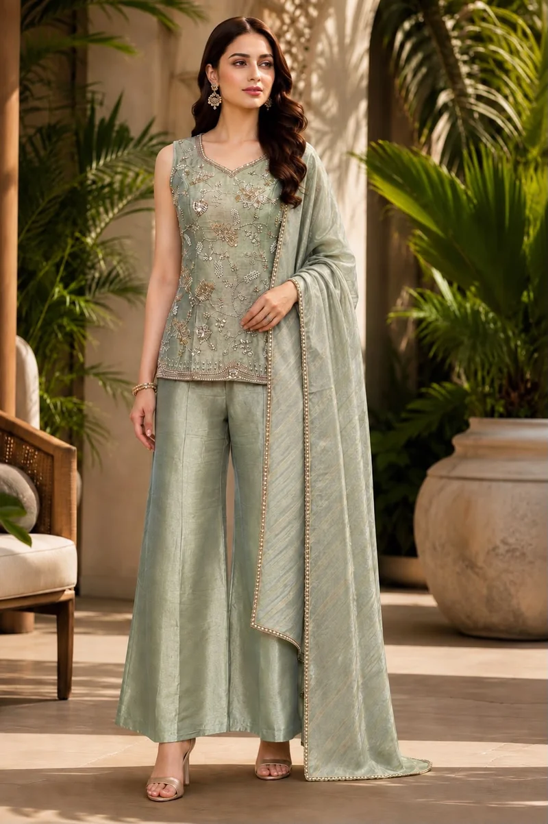 Viny VINY Pista Green 3-Piece Embroidered Suit Set – Women's Indian Ethnic Wear