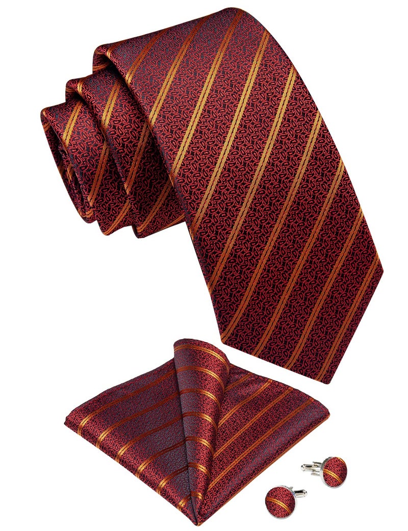 DiBanGu Red Striped Tie for Men Silk Maroon Necktie with Pocket Square Cufflinks for Business Party - Image 3
