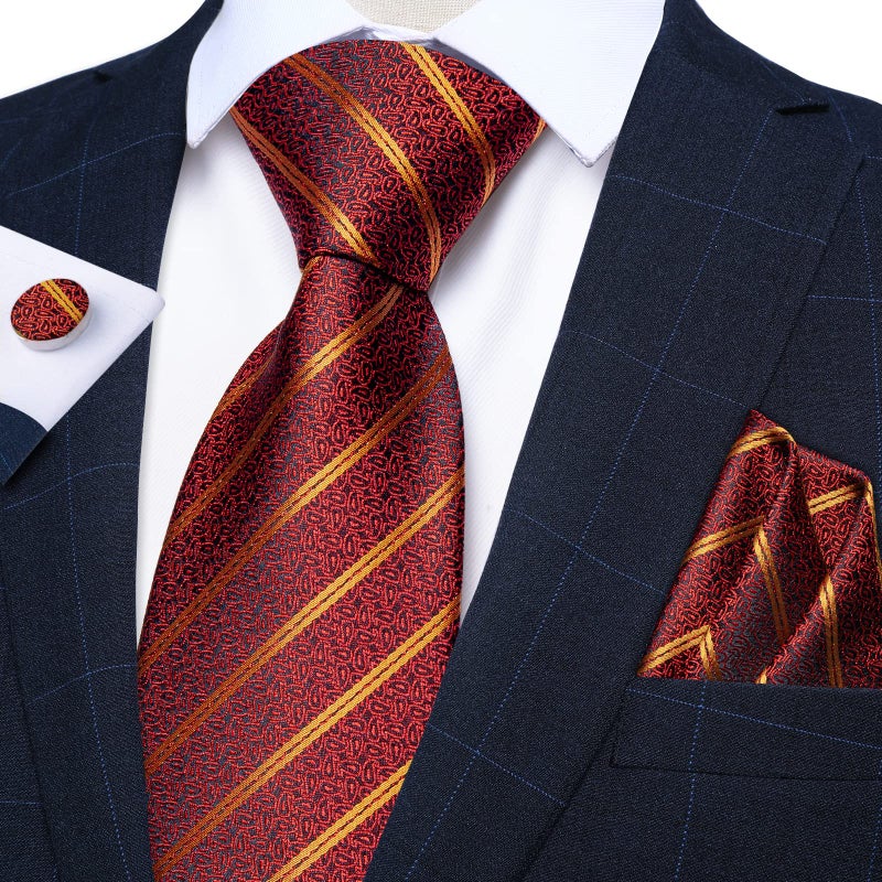 DiBanGu Red Striped Tie for Men Silk Maroon Necktie with Pocket Square Cufflinks for Business Party - Image 2