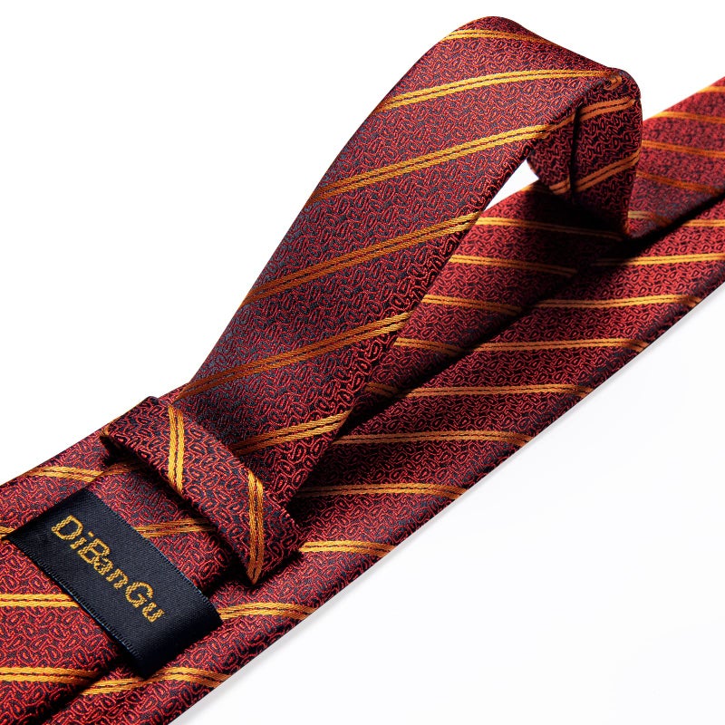 DiBanGu Red Striped Tie for Men Silk Maroon Necktie with Pocket Square Cufflinks for Business Party - Image 5