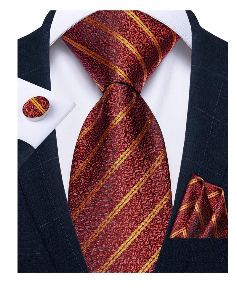 DiBanGu Red Striped Tie for Men Silk Maroon Necktie with Pocket Square Cufflinks for Business Party - Image 1
