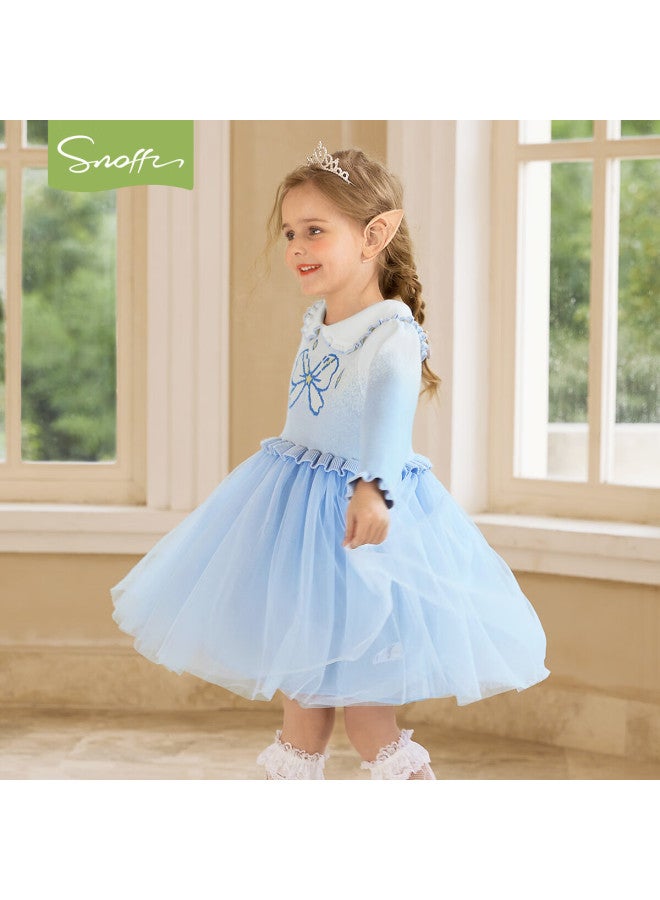 Snoffy Snafi Girls Princess Dress Children's Dress Spring Autumn Knit Splicing Mesh Skirt Sweet Cute Starry Blue 100 - Image 2
