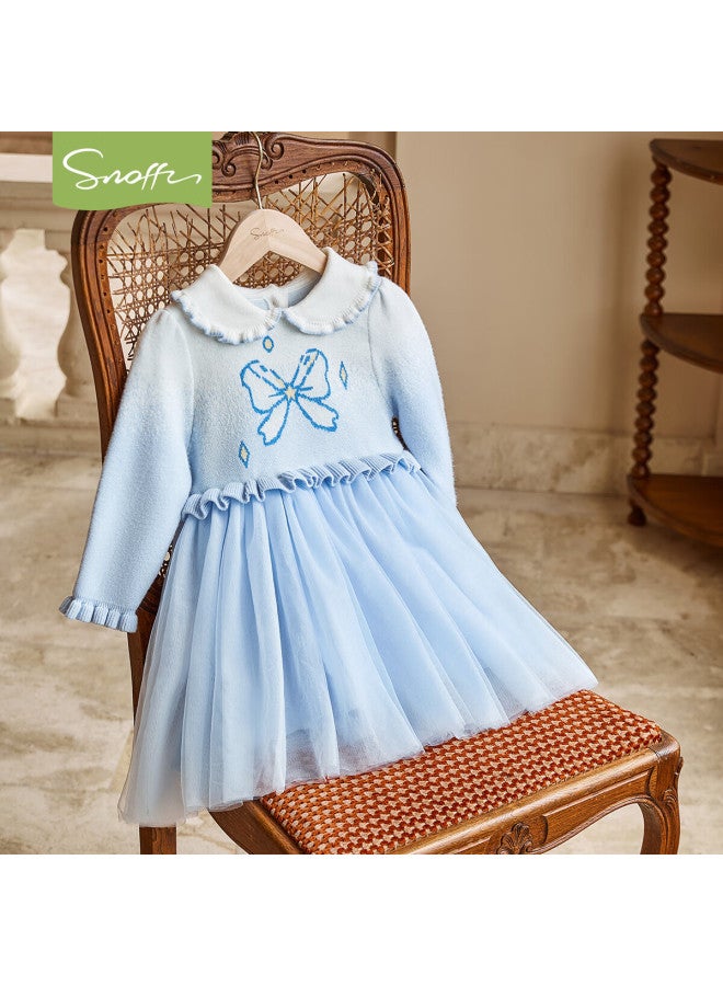 Snoffy Snafi Girls Princess Dress Children's Dress Spring Autumn Knit Splicing Mesh Skirt Sweet Cute Starry Blue 100 - Image 4