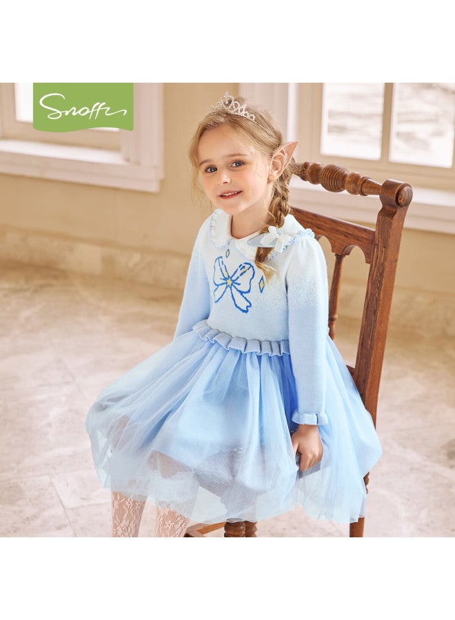 Snoffy Snafi Girls Princess Dress Children's Dress Spring Autumn Knit Splicing Mesh Skirt Sweet Cute Starry Blue 100 - Image 1