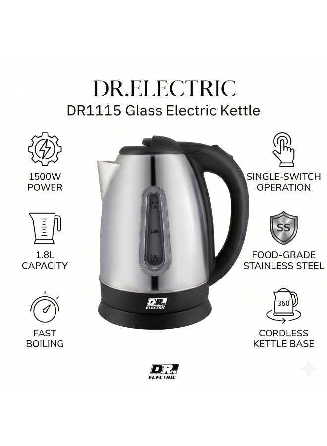 DR.ELECTRIC Stainless Steel Electric Kettle with Water Level Indicator, 1.8L Capacity, 1500W Fast Boil, 360° Swivel Base, Silver & Black, Model DR1113 - Image 1